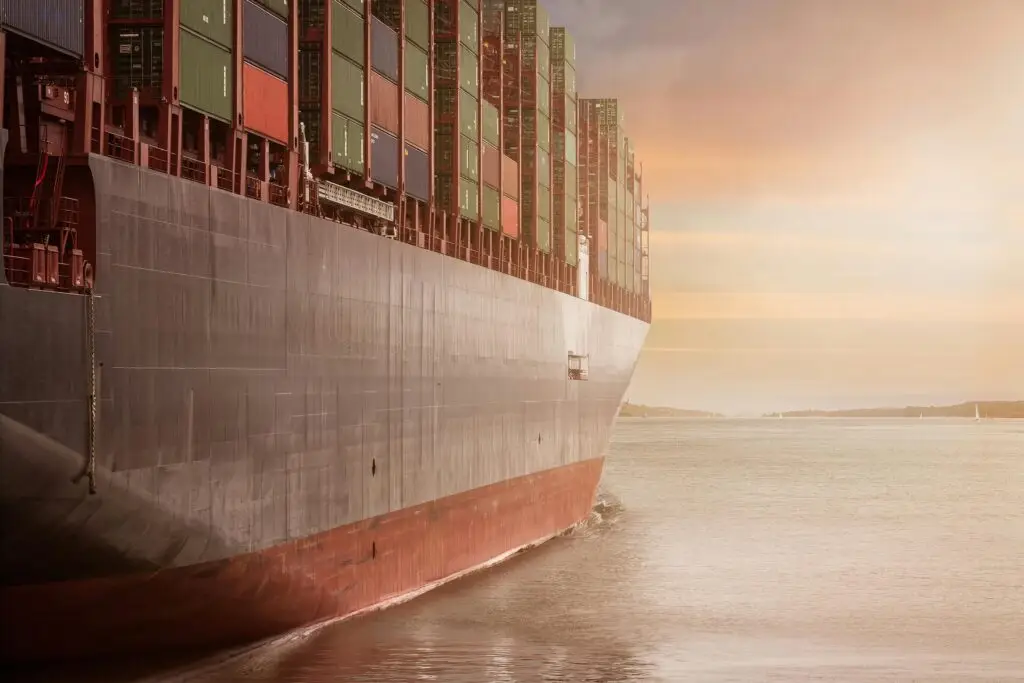 A colossal cargo ship loaded with containers navigates through calm waters against a vibrant sunset sky.